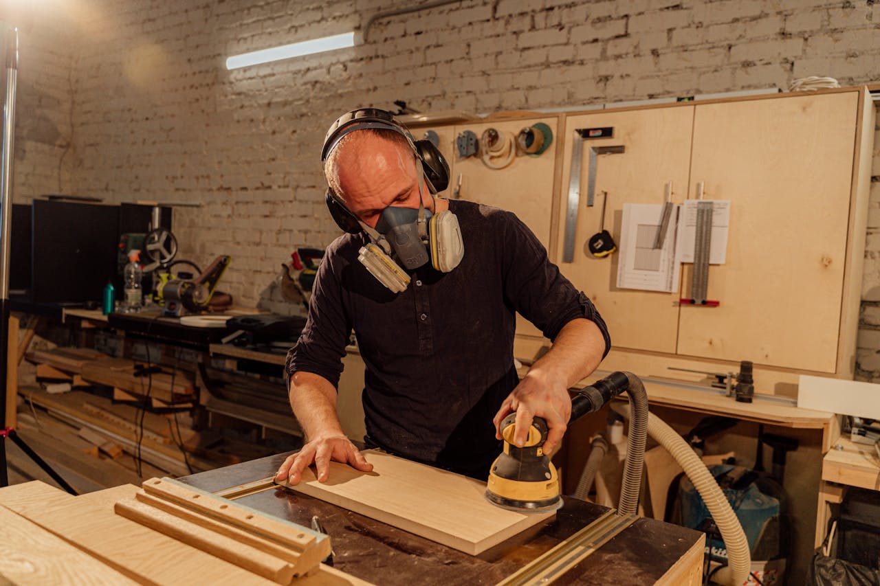 services-01 Craftsman wearing safety gear while sanding wood indoors. Focus on precision and safety in woodworking.